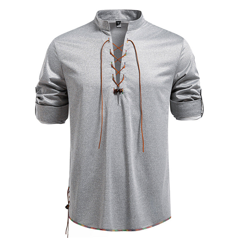 Herren Lässiges Baumwoll-Langarmshirt mit Schnürung, Stehkragen und aufkrempelbaren Ärmeln Nord Taschen