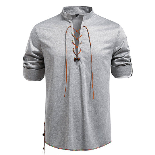 Herren Lässiges Baumwoll-Langarmshirt mit Schnürung, Stehkragen und aufkrempelbaren Ärmeln Nord Taschen