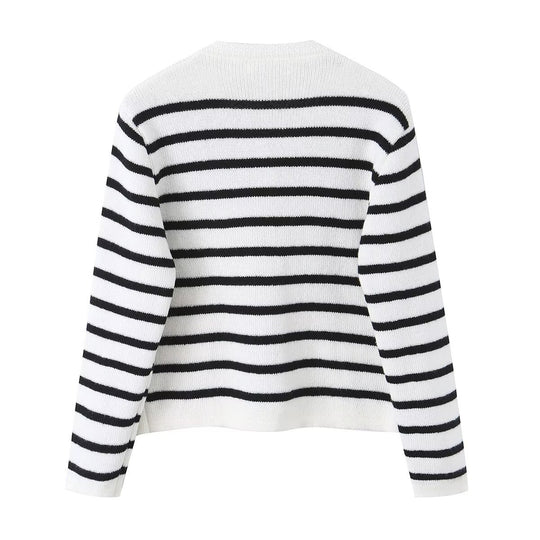 Damen Gestreifte Feinstrick‑Cardigan mit Rundhalsausschnitt, aufgesetzten Taschen und Zierknöpfen Nord Taschen