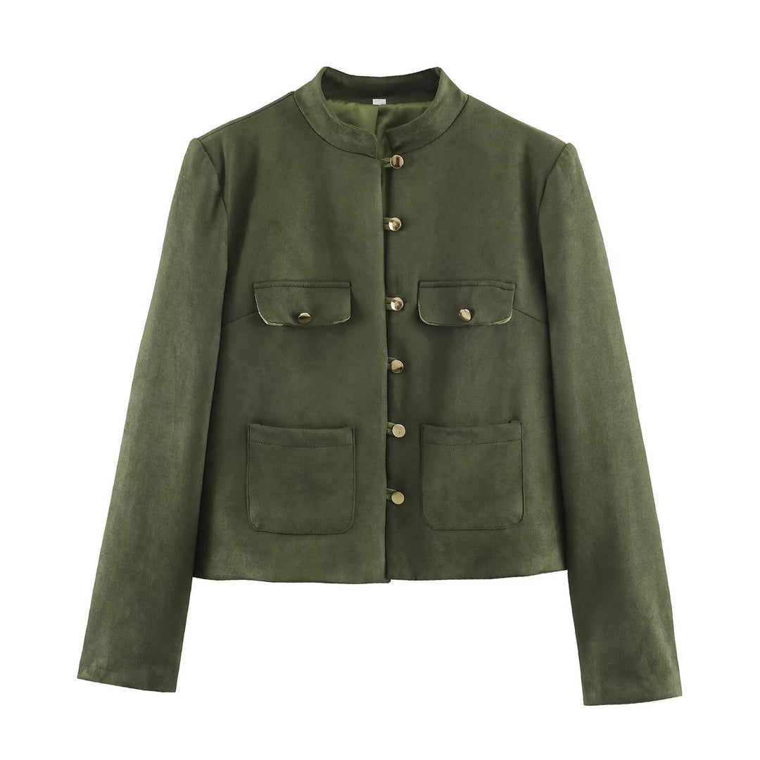 Damen Kurzjacke im Mandarin-Stil aus Veloursoptik mit aufgesetzten Taschen und Zierknöpfen Nord Taschen