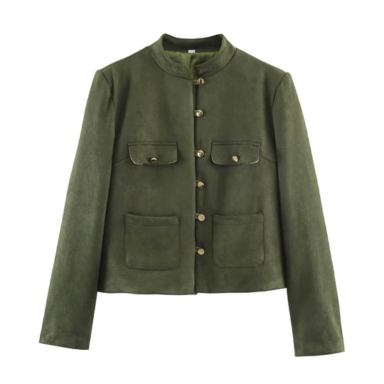 Damen Kurzjacke im Mandarin-Stil aus Veloursoptik mit aufgesetzten Taschen und Zierknöpfen Nord Taschen