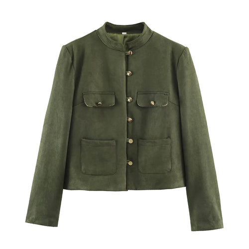 Damen Kurzjacke im Mandarin-Stil aus Veloursoptik mit aufgesetzten Taschen und Zierknöpfen Nord Taschen