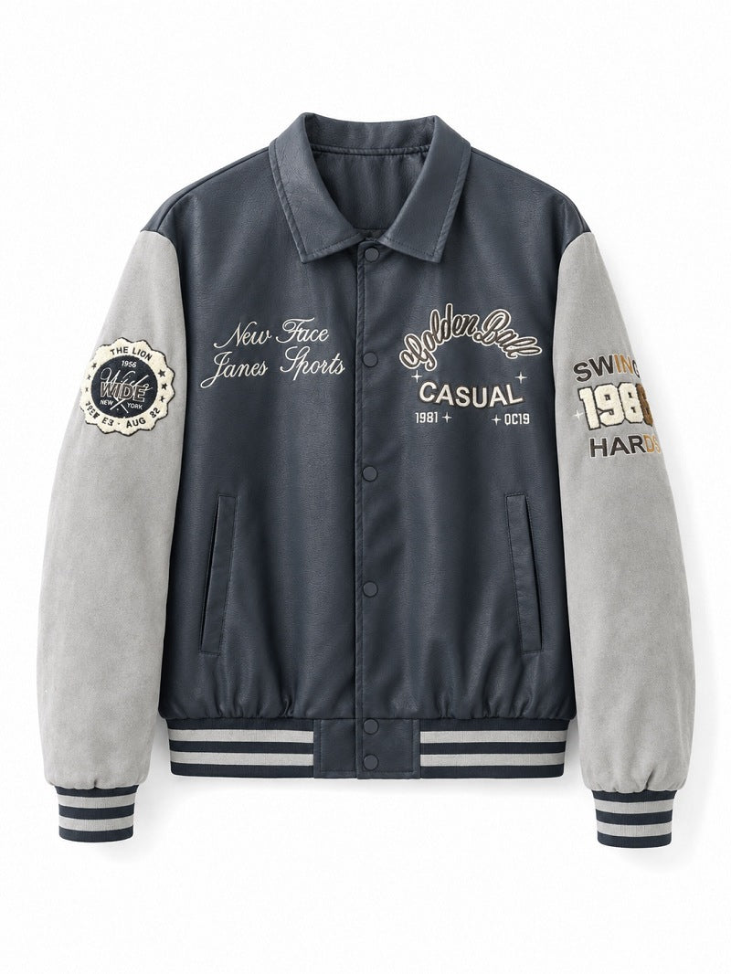 Herren Varsity-Bomberjacke im College-Stil mit Kunstleder-Körper, Veloursleder-Optikärmeln und bestickten Patches Nord Taschen