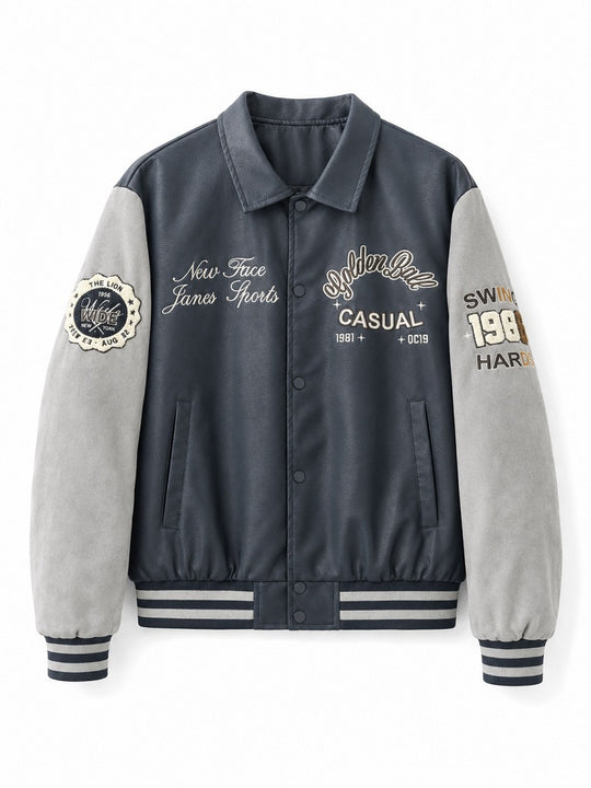 Herren Varsity-Bomberjacke im College-Stil mit Kunstleder-Körper, Veloursleder-Optikärmeln und bestickten Patches Nord Taschen