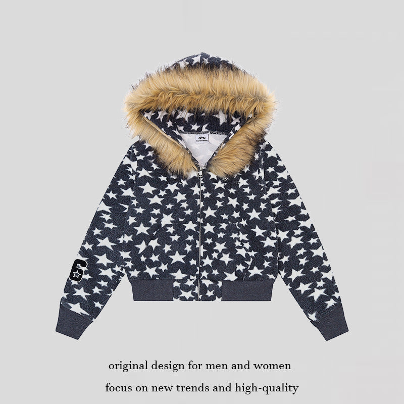 Damen Kapuzen-Sherpajacke mit Sternenprint, Reißverschluss und Kunstpelzbesatz Nord Taschen
