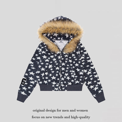 Damen Kapuzen-Sherpajacke mit Sternenprint, Reißverschluss und Kunstpelzbesatz Nord Taschen