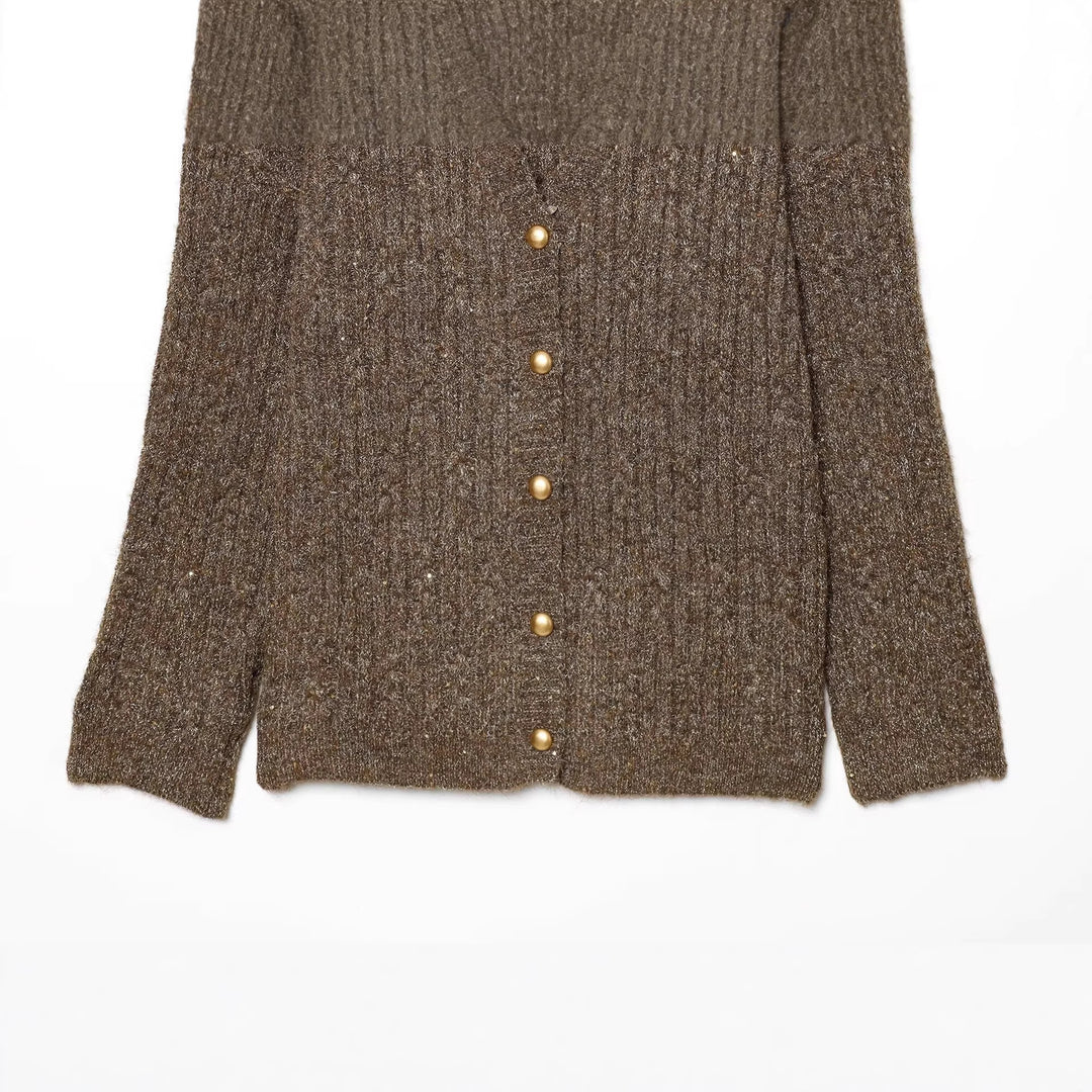 Damen Grobgestrickter V‑Neck Cardigan mit Perlmuttknöpfen und melierter Tweedoptik Nord Taschen
