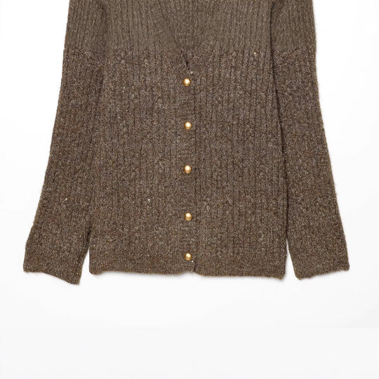 Damen Grobgestrickter V‑Neck Cardigan mit Perlmuttknöpfen und melierter Tweedoptik Nord Taschen