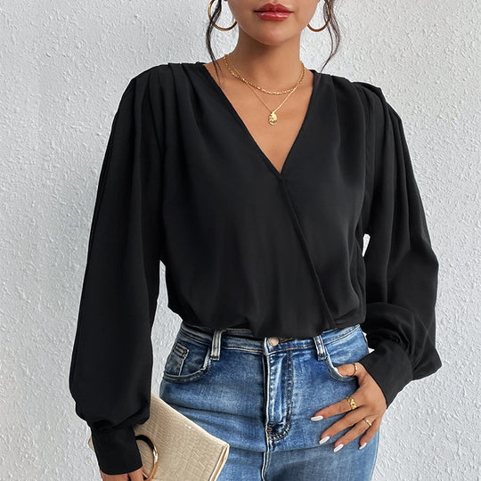 Damen Leichte Wickelbluse mit V-Ausschnitt, gerafften Schultern & Ballonärmeln Nord Taschen