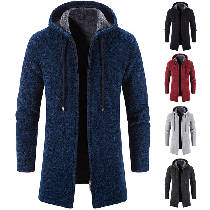Herren langer Kapuzenstrickmantel mit Teddyfutter, durchgehendem Reißverschluss und seitlichen Eingrifftaschen Nord Taschen