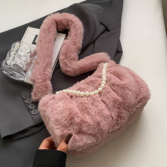 Damen Plüsch-Handtasche mit dekorativen Perlenakzenten Nord Taschen