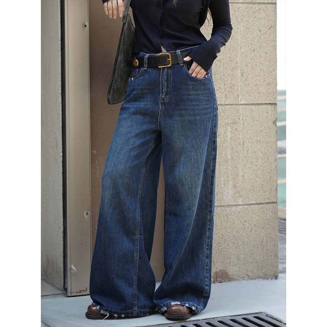 Damen Weite Vintage-Denim Jeans mit hohem Bund und ausgefranstem Saum Nord Taschen