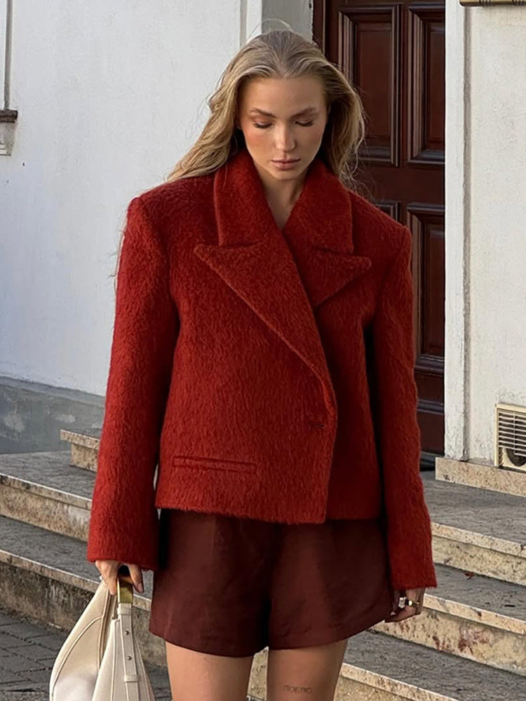 Damen Kurzboxy Kunstpelz‑Jacke mit breitem Revers und strukturierter Felloptik Nord Taschen