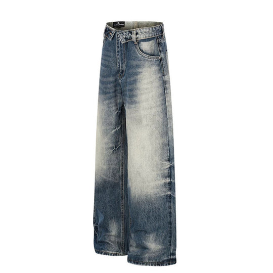Damen Weite hochgeschnittene Jeanshose im Palazzo‑Schnitt mit Used‑Waschung Nord Taschen