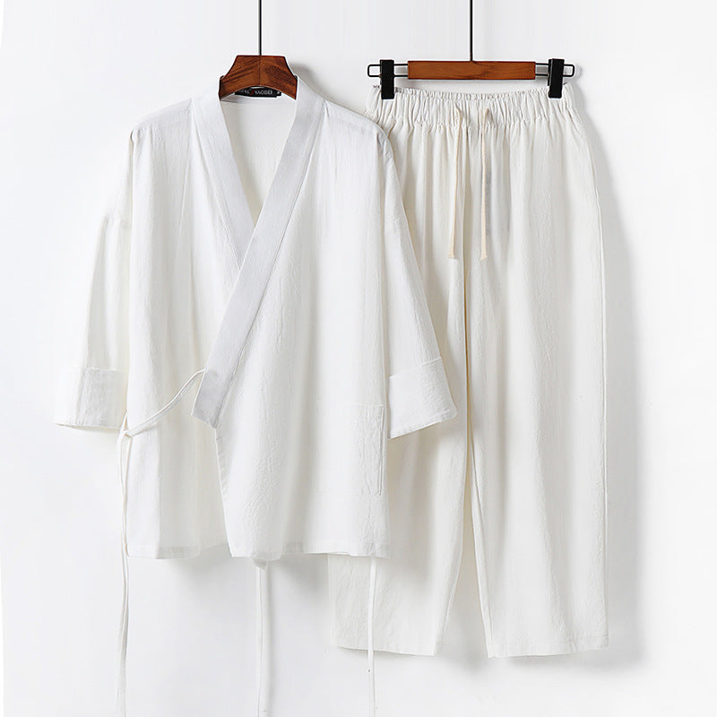 Unisex Leichtes Kimono-Lounge-Set aus weichfallendem Baumwoll-Mix mit Tunnelzughose Nord Taschen