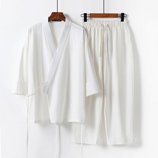 Unisex Leichtes Kimono-Lounge-Set aus weichfallendem Baumwoll-Mix mit Tunnelzughose Nord Taschen