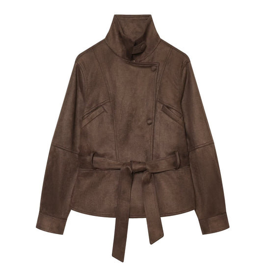Damen Taillierte Kurzjacke aus weichem Veloursimitat mit asymmetrischer Knopfleiste und Bindegürtel Nord Taschen