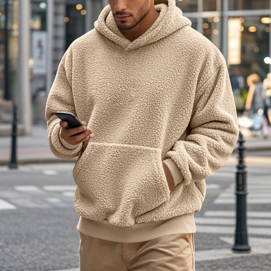 Herren Sherpa-Kapuzenpullover im Teddy-Fleece mit Kängurutasche und Rippbündchen Nord Taschen