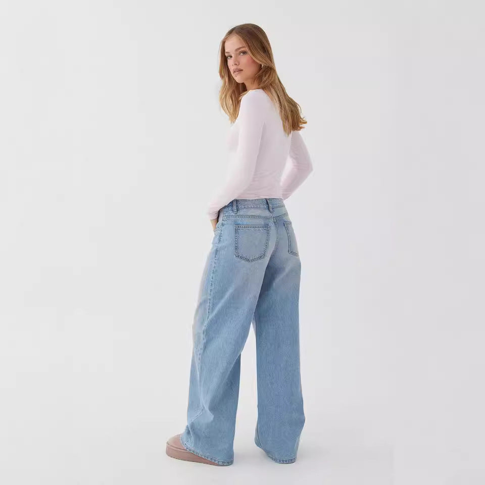Damen weites Denim Hosenmodell mit tiefem Bund und weitem Schlag Nord Taschen