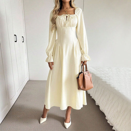 Damen romantisches Midikleid mit Korsagen-Taille, Quadratausschnitt und voluminösen Ärmeln Nord Taschen