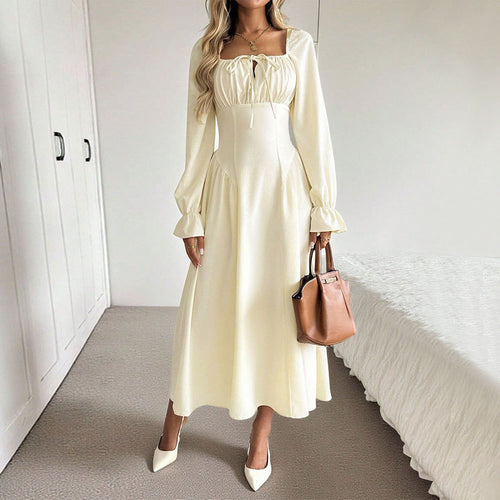 Damen romantisches Midikleid mit Korsagen-Taille, Quadratausschnitt und voluminösen Ärmeln Nord Taschen