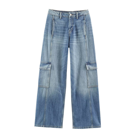 Damen Weite Cargo-Jeans mit hohem Bund, aufgesetzten Pattentaschen und Ziernähten Nord Taschen