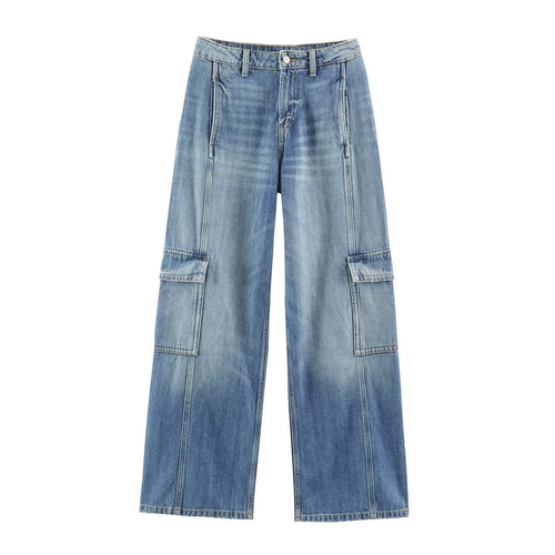 Damen Weite Cargo-Jeans mit hohem Bund, aufgesetzten Pattentaschen und Ziernähten Nord Taschen