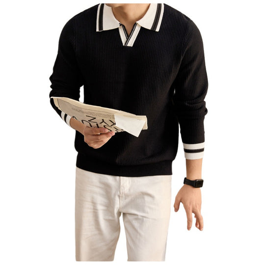 Herren Feinstrick-Polo mit V-Ausschnitt, gerippter Struktur und kontrastierenden Bündchen Nord Taschen
