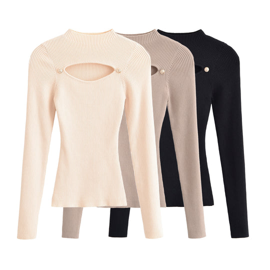 Damen Gerippter Stretch-Feinstrickpullover mit Brust-Cut-Out und Zierknöpfen Nord Taschen