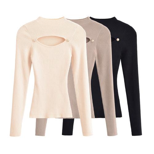 Damen Gerippter Stretch-Feinstrickpullover mit Brust-Cut-Out und Zierknöpfen Nord Taschen