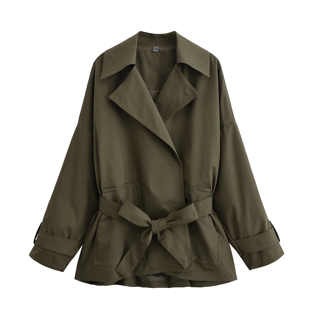 Damen Taillierter Kurztrench mit Bindegürtel und Oversize-Ärmeln Nord Taschen