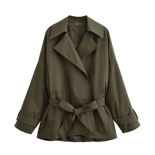 Damen Taillierter Kurztrench mit Bindegürtel und Oversize-Ärmeln Nord Taschen