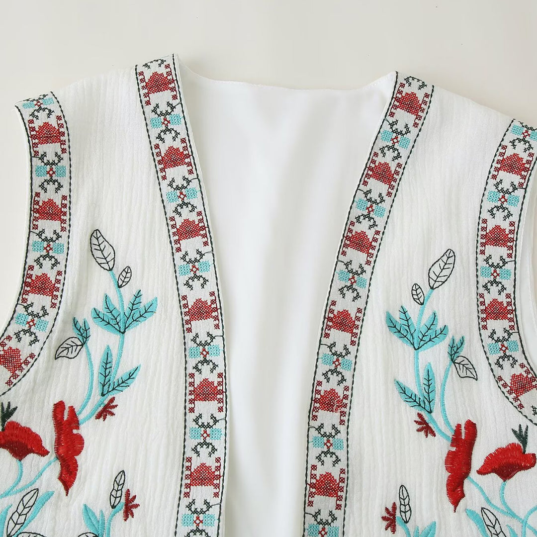 Damen Bestickte ärmellose Boho-Weste mit offenem Schnitt und floraler Stickerei Nord Taschen