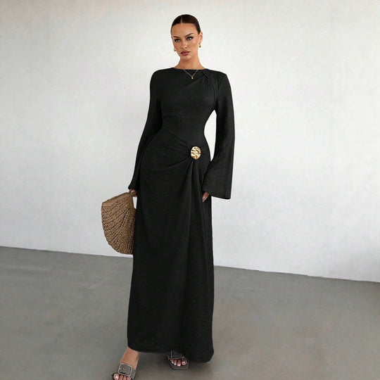 Damen Maxikleid mit Drapierung, Zierbrosche und weiten Trompetenärmeln Nord Taschen