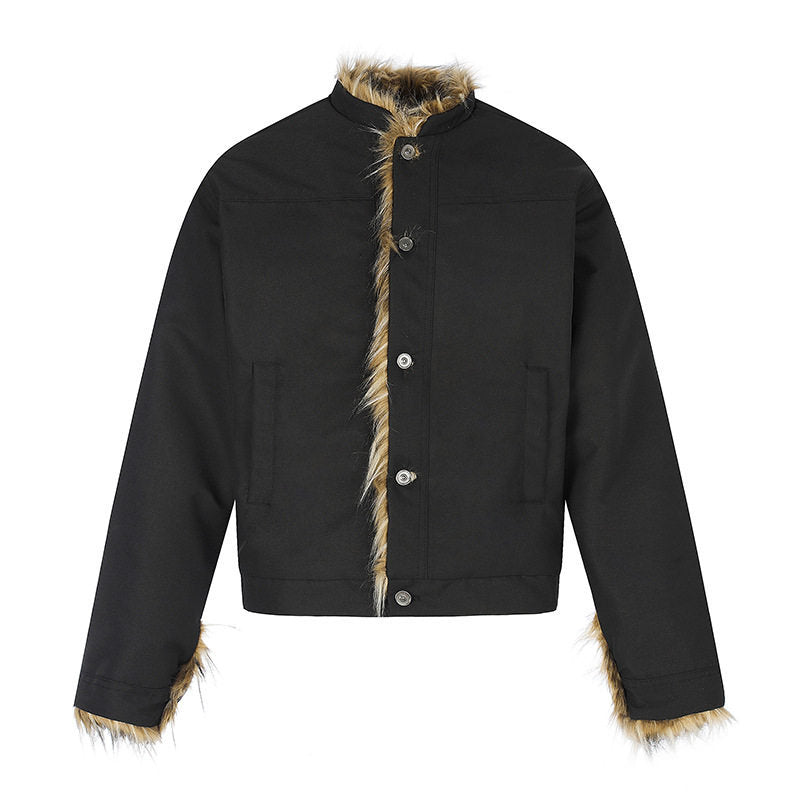Damen Kurzjacke mit Kunstfellfutter, Stehkragen und verdeckter Knopfleiste Nord Taschen