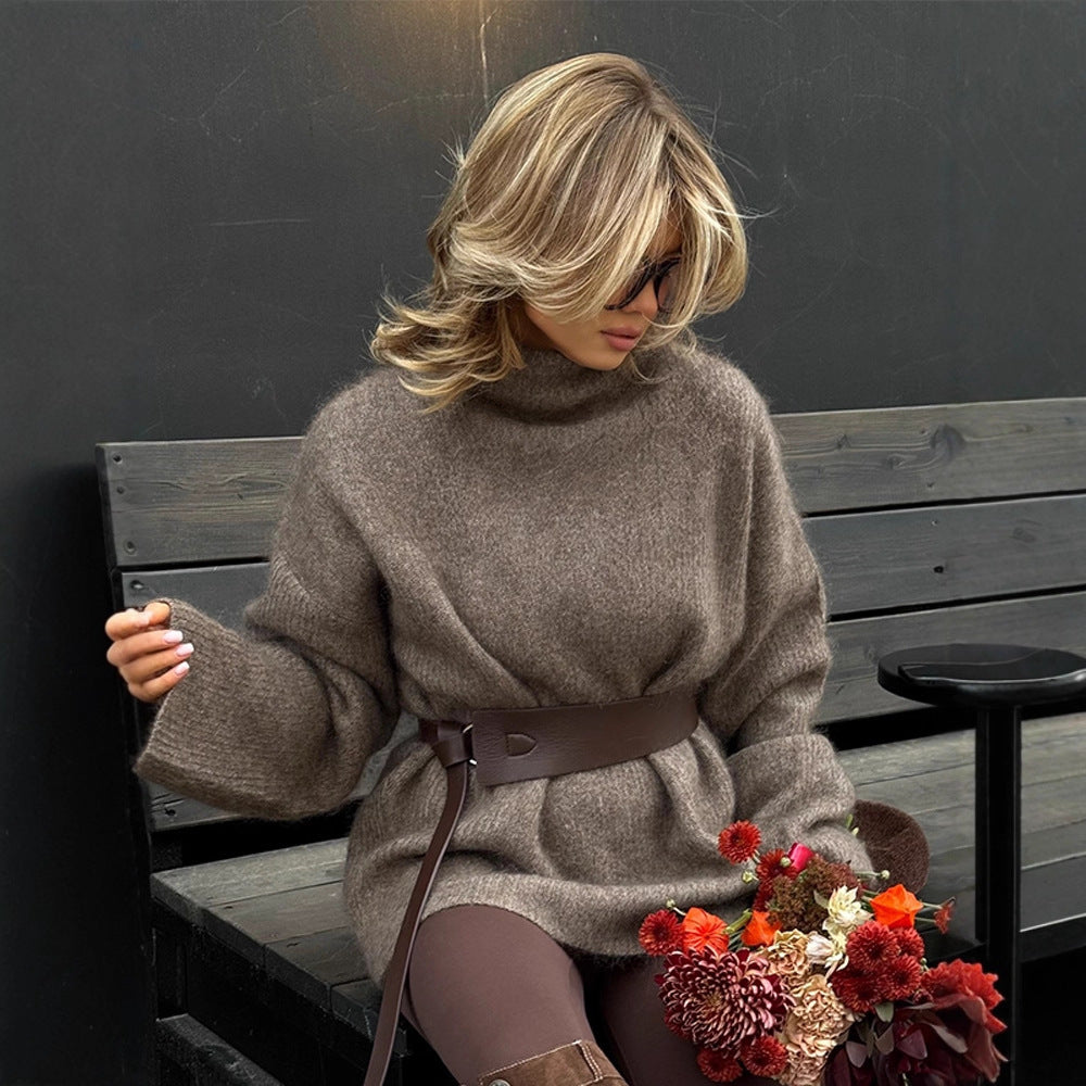 Damen Oversize Mohair-Mix Rollkragen-Pulloverkleid mit Ballonärmeln und Taillengürtel Nord Taschen