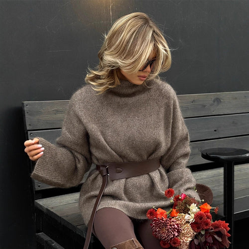 Damen Oversize Mohair-Mix Rollkragen-Pulloverkleid mit Ballonärmeln und Taillengürtel Nord Taschen