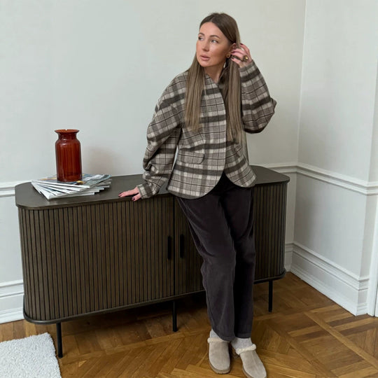 Damen Karierter Boxy‑Blazer mit voluminösen Ballonärmeln Nord Taschen