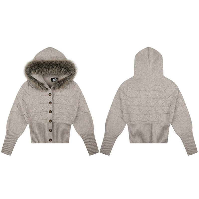 Damen Kapuzen‑Strickjacke mit Zopfmuster, Kunstfellbesatz und tailliertem Rippenbund Nord Taschen