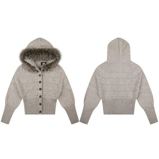Damen Kapuzen‑Strickjacke mit Zopfmuster, Kunstfellbesatz und tailliertem Rippenbund Nord Taschen
