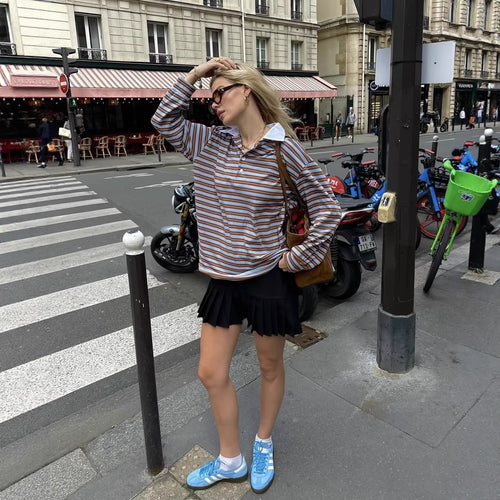 Damen Gestreiftes Oversize-Rugbyshirt mit kontrastierendem Hemdkragen und Knopfleiste Nord Taschen