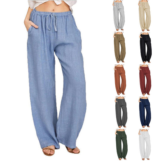 Damen Sommerliche Leinen-Palazzohose mit elastischem Bund, Seitentaschen und weitem Bein Nord Taschen