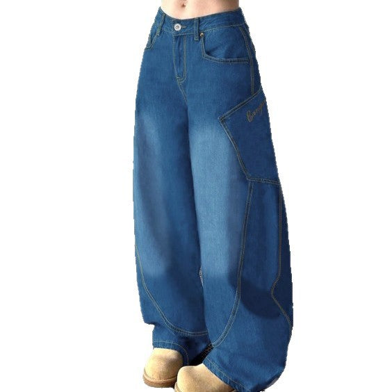 Damen Weite High-Waist Balloon-Jeans mit Utility-Taschen und kontrastierenden Nähten Nord Taschen