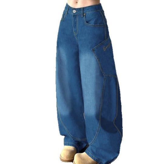 Damen Weite High-Waist Balloon-Jeans mit Utility-Taschen und kontrastierenden Nähten Nord Taschen