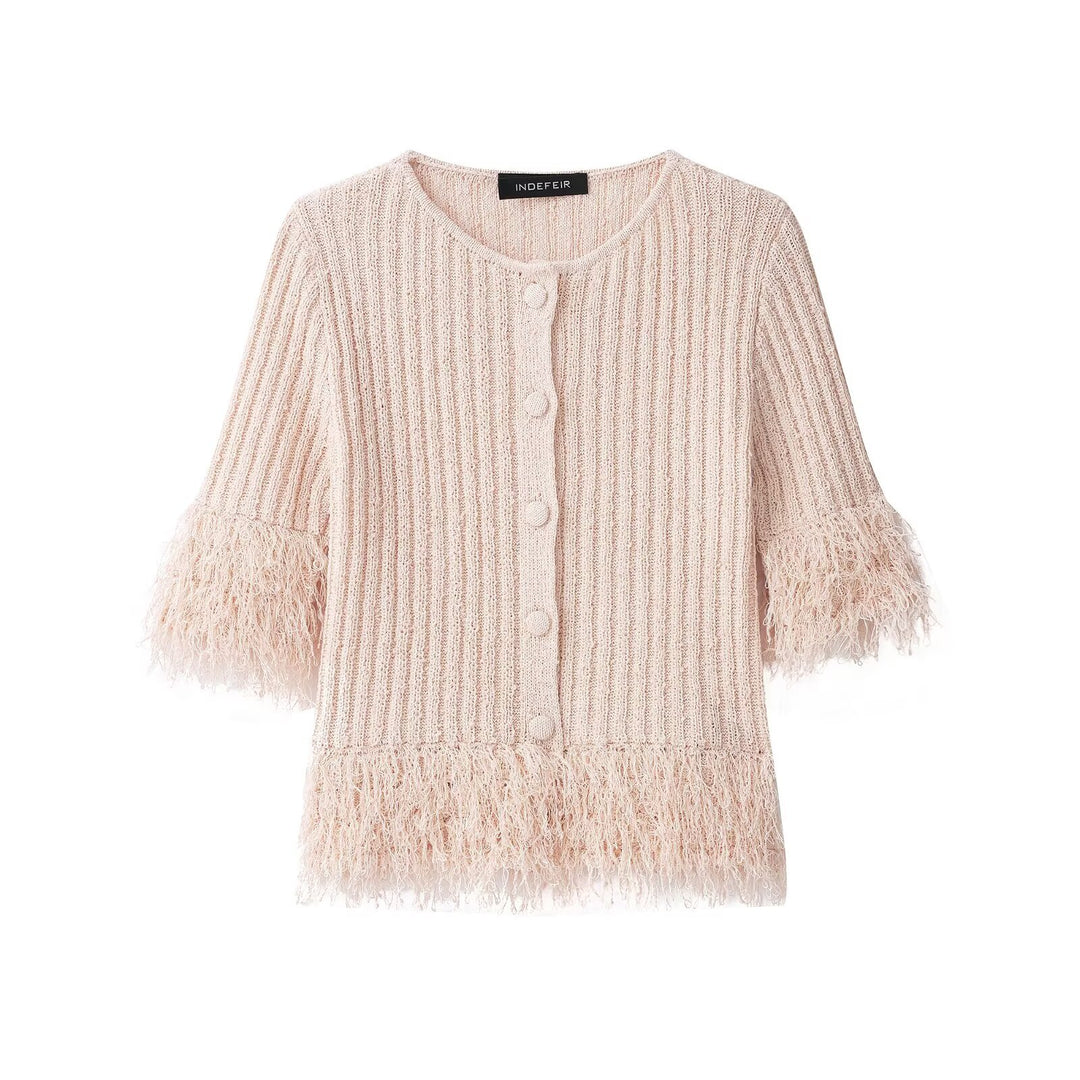 Damen Bouclé-Cardigan mit Fransenärmeln und verdeckter Knopfleiste Nord Taschen