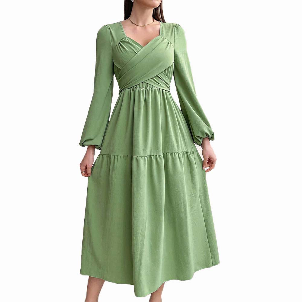 Damen langärmeliges Midikleid mit überkreuztem Drapé-Bustier, elastischer Unterbrustnaht und zweistufigem Stufenrock Nord Taschen