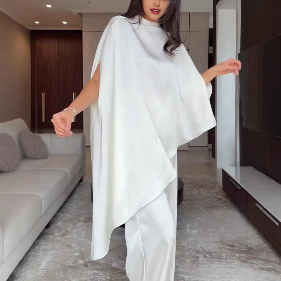 Damen Zweiteiliges Chiffon-Cape mit asymmetrischem Saum und Hose mit elastischem Bund Nord Taschen
