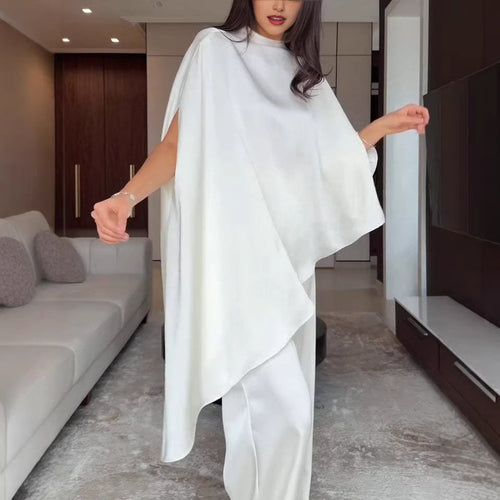 Damen Zweiteiliges Chiffon-Cape mit asymmetrischem Saum und Hose mit elastischem Bund Nord Taschen