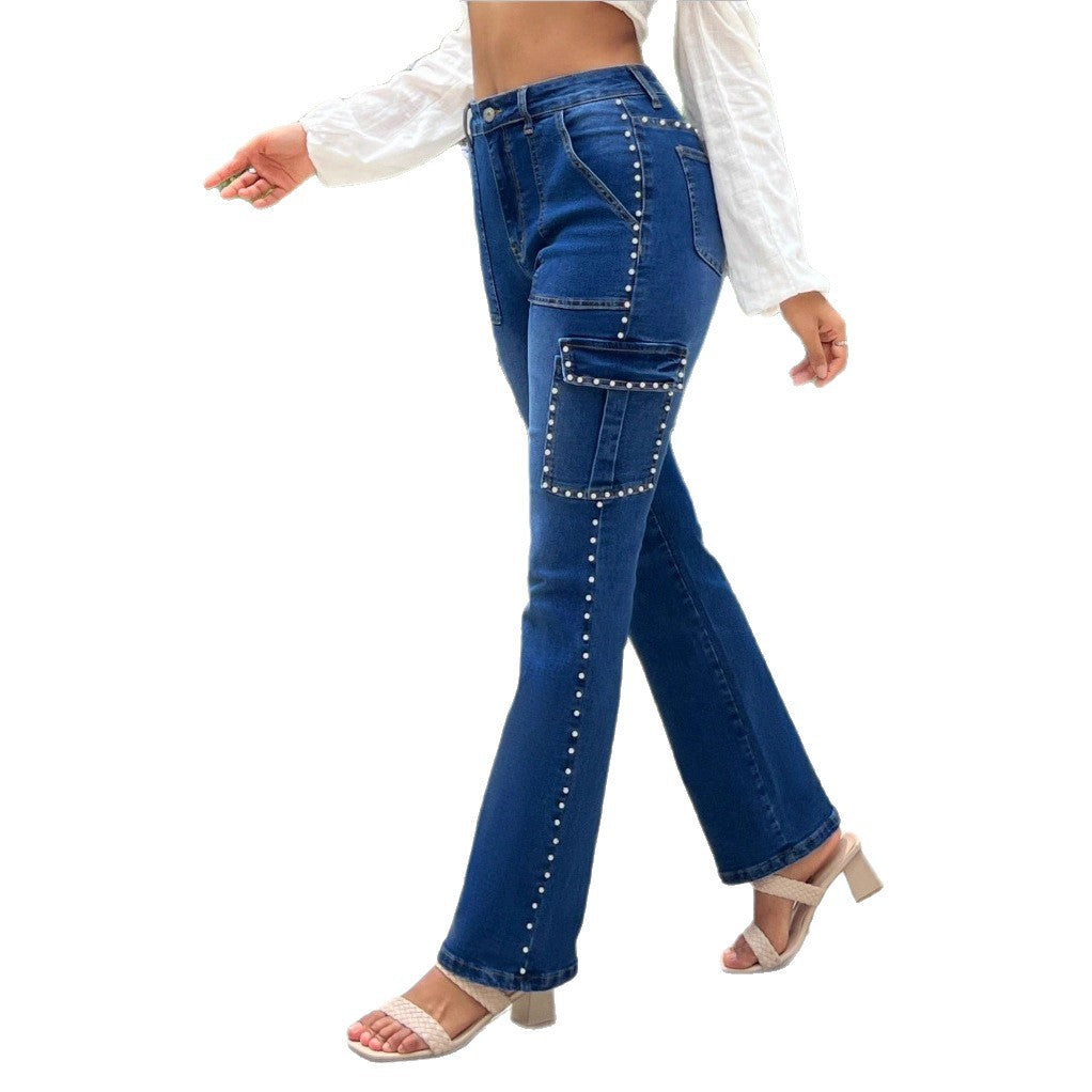 Damen Cargo-Denimhose mit geradem Bein, aufgesetzten Klappentaschen und Perlenbesatz Nord Taschen