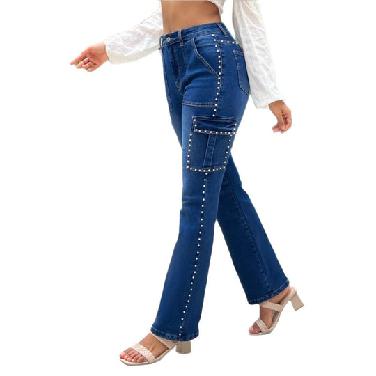 Damen Cargo-Denimhose mit geradem Bein, aufgesetzten Klappentaschen und Perlenbesatz Nord Taschen